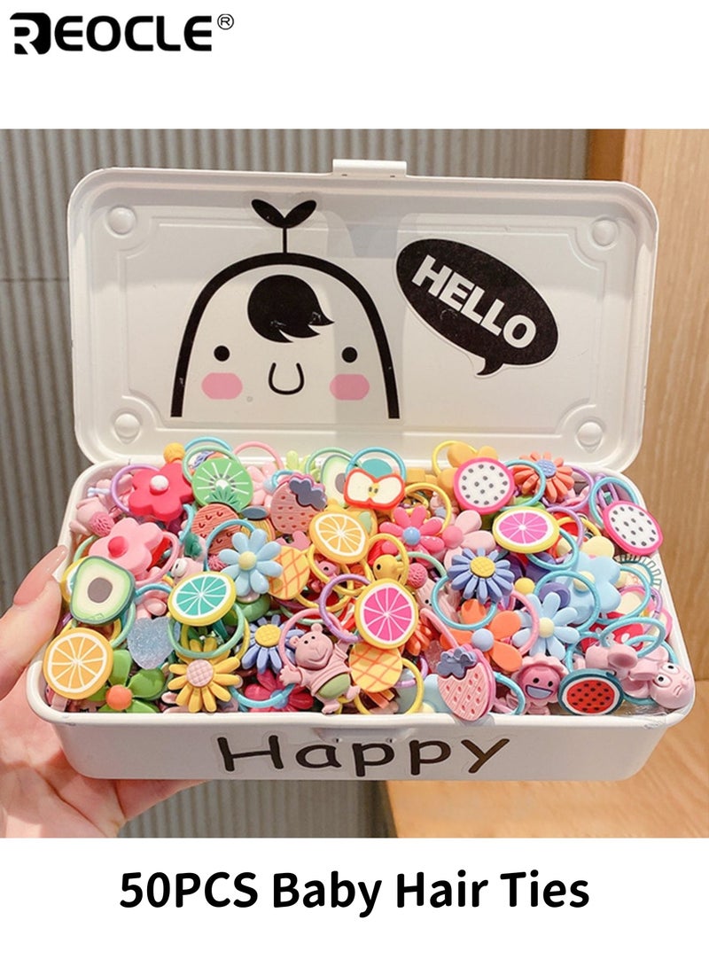 REOCLE 50PCS Girl's Hair Bands Set with Cartoon Animal Floral Design Plastic Hair Accessories Set with Mixed Colors for Party School Daily Use - Image 1