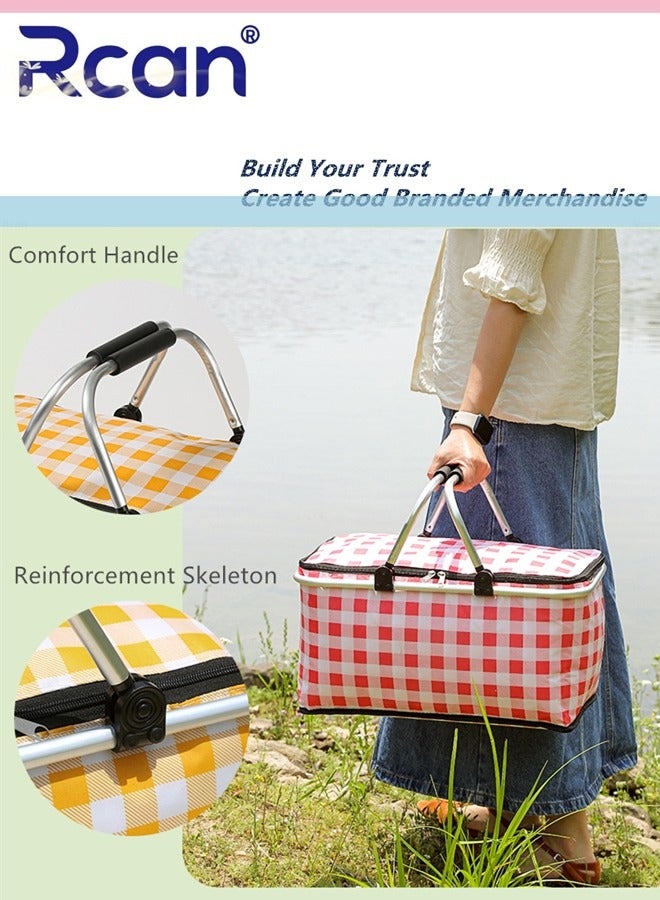 Rcan Large-Capacity Picnic Basket, Folding Portable Lunch Bag, Oxford Cloth Waterproof Insulated Aluminum Frame Basket, 30L Cooler Bag Basket for Camping, Travel, Outdoor Party  - Image 2