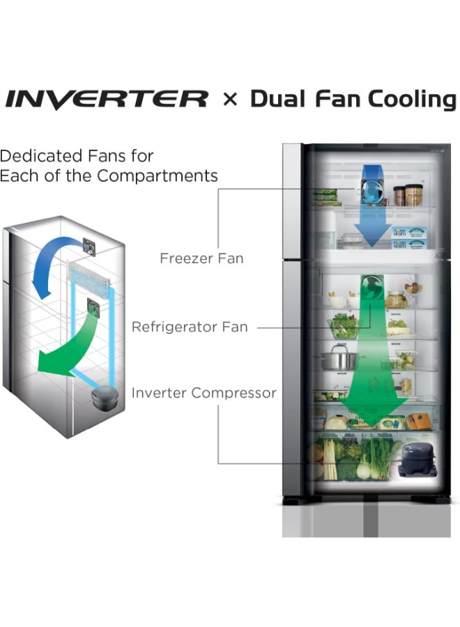 HITACHI 410L Gross, Net 330L Bottom Mount Double Door Refrigerator 10 Year Warranty on Inverter Compressor, Refrigerator Dual Fan Cooling Hybrid Freezing Big Bottle Shelf 410 L RBG410PUK6X4XGR Glass Gradation Grey - Image 4