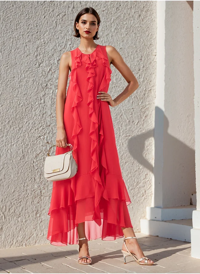 ايكونيك Iconic Ruffle Detail Column Sleeveless Dress with V-neck