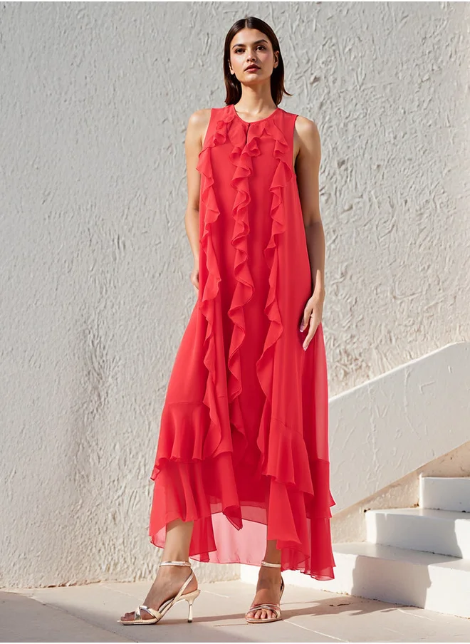 ايكونيك Iconic Ruffle Detail Column Sleeveless Dress with V-neck
