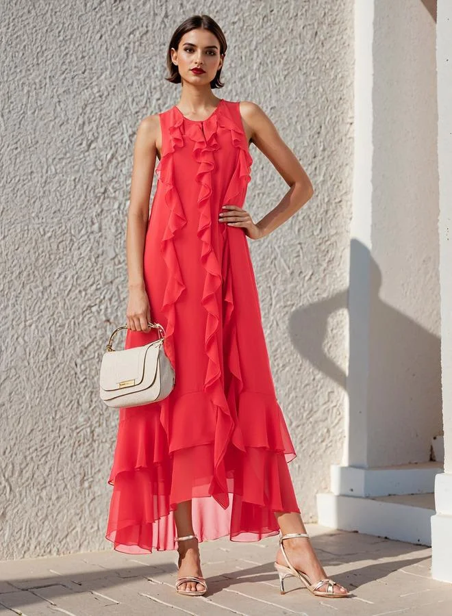 Iconic Iconic Ruffle Detail Column Sleeveless Dress with V-neck