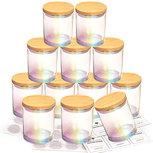 CONNOO 12 Pack 10 OZ Iridescent Glass Candle Jars for Making Candles with Airtight Bamboo Lids Nice Sticky Warning Labels for Candle Making Empty Container Bulk - Dishwasher Safe - Image 1