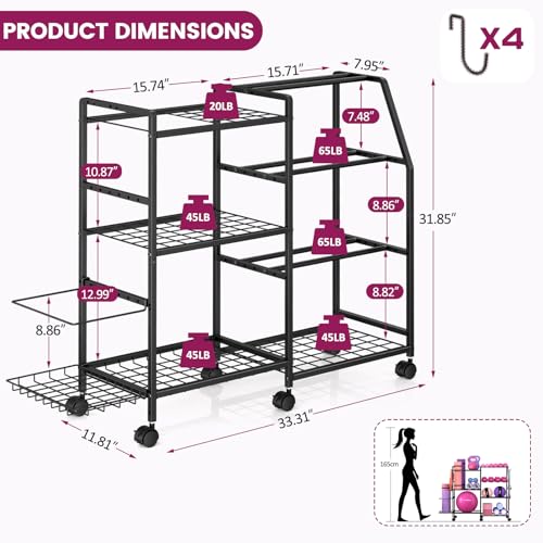 3IngSeagulls Dumbbell Rack Weight Rack for Home Gym Yoga Mat Storage Rack Exercise Equipment Storage with Wheels and Hooks Home Gym Equipment Organizer for Kettlebells - Image 3
