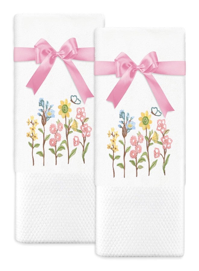 JarThenaAMCS 2Pcs Spring Floral Hand Towels Cotton Embroidered Wildflower Bathroom Towel with Ribbon Flower Kitchen Dish Towel for Hand Drying Cleaning Cooking, 29.5 x 13.7 Inch - Image 1