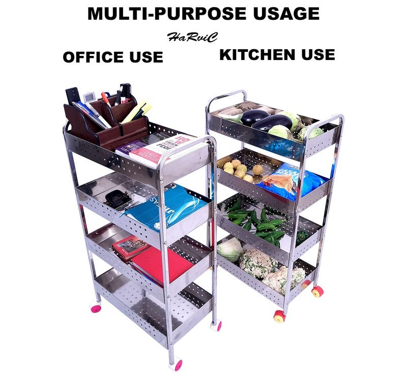 HaRvic Stainless Steel 4-Tier Vegetable Stand Kitchen Trolley with Wheel Spice Rack Organizer Multi-Functional Kitchen Organiser Rack Utensil Holder with Wheels (LWH:-44 x 23 x 81.5 CM) - Image 5