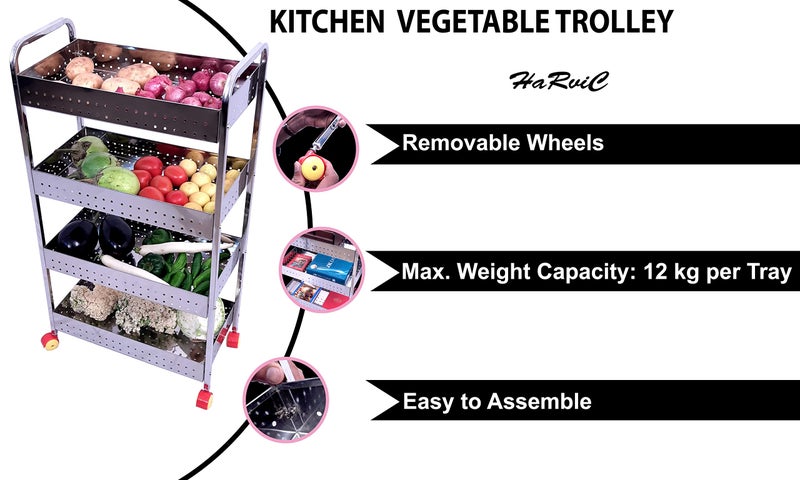 HaRvic Stainless Steel 4-Tier Vegetable Stand Kitchen Trolley with Wheel Spice Rack Organizer Multi-Functional Kitchen Organiser Rack Utensil Holder with Wheels (LWH:-44 x 23 x 81.5 CM) - Image 2