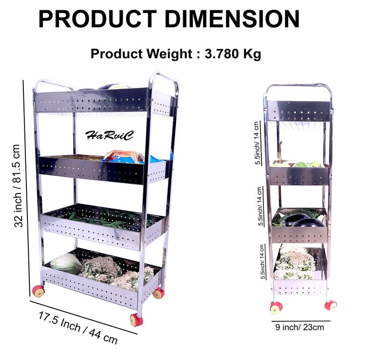 HaRvic Stainless Steel 4-Tier Vegetable Stand Kitchen Trolley with Wheel Spice Rack Organizer Multi-Functional Kitchen Organiser Rack Utensil Holder with Wheels (LWH:-44 x 23 x 81.5 CM) - Image 3