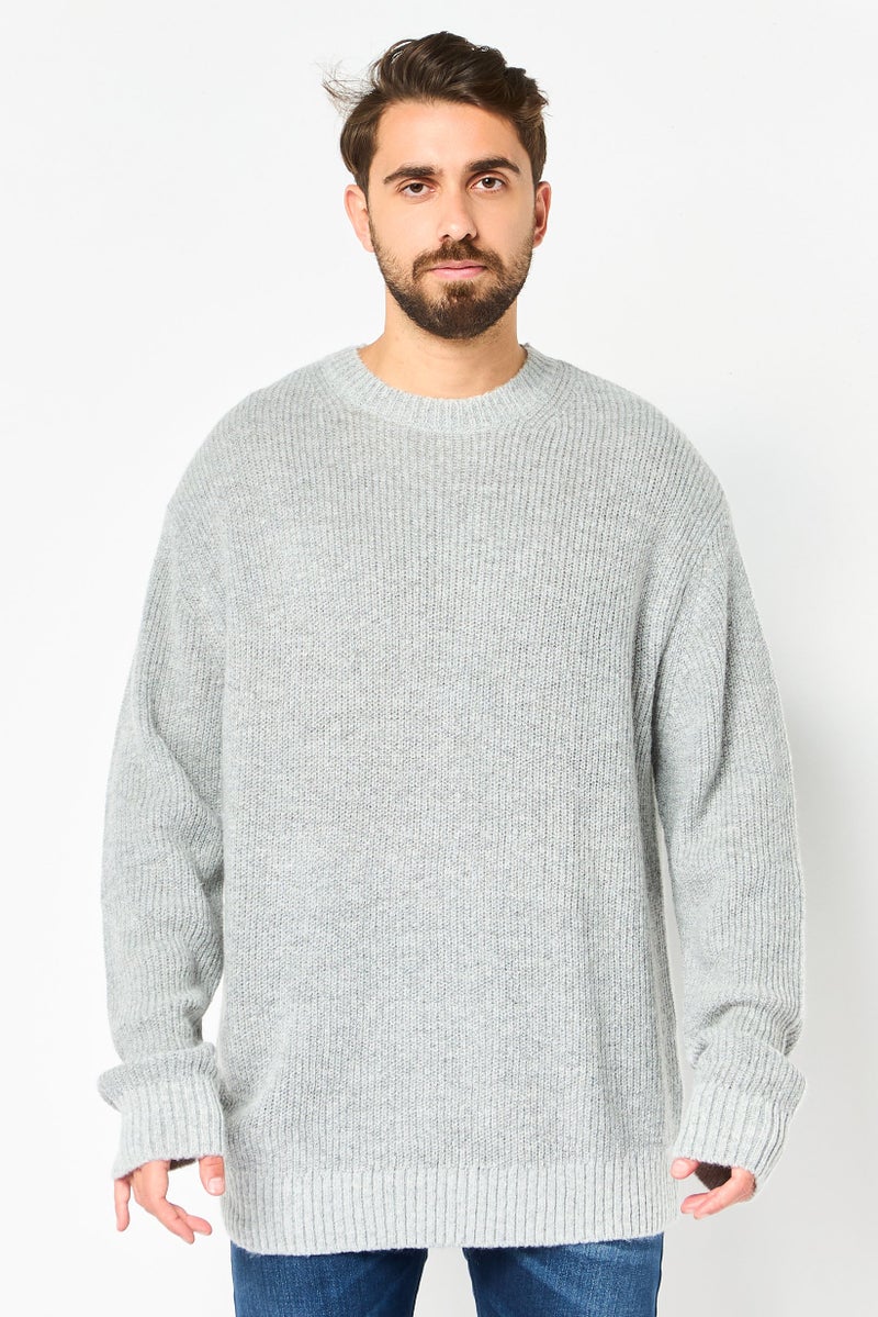Celio Men Crew Neck Long Sleeve Textured Knitted Sweater, Grey - Image 1