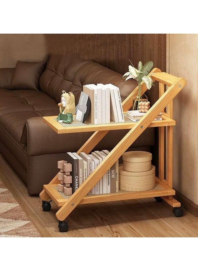 LINGWEI Bamboo Serving Cart 2 Tier Kitchen Trolley Foldable Wooden Food & Beverage Organizer with Lockable Wheels for Home Hotel and Restaurant Use - Image 1
