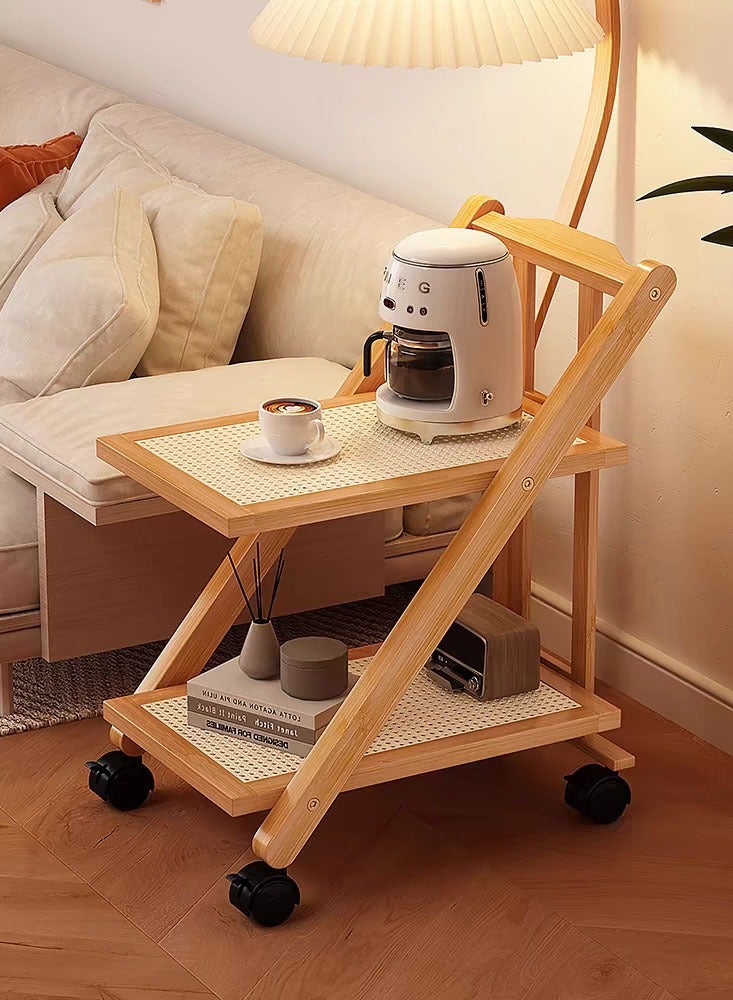 LINGWEI Bamboo Serving Cart 2 Tier Kitchen Trolley Foldable Wooden Food & Beverage Organizer with Lockable Wheels for Home Hotel and Restaurant Use - Image 2