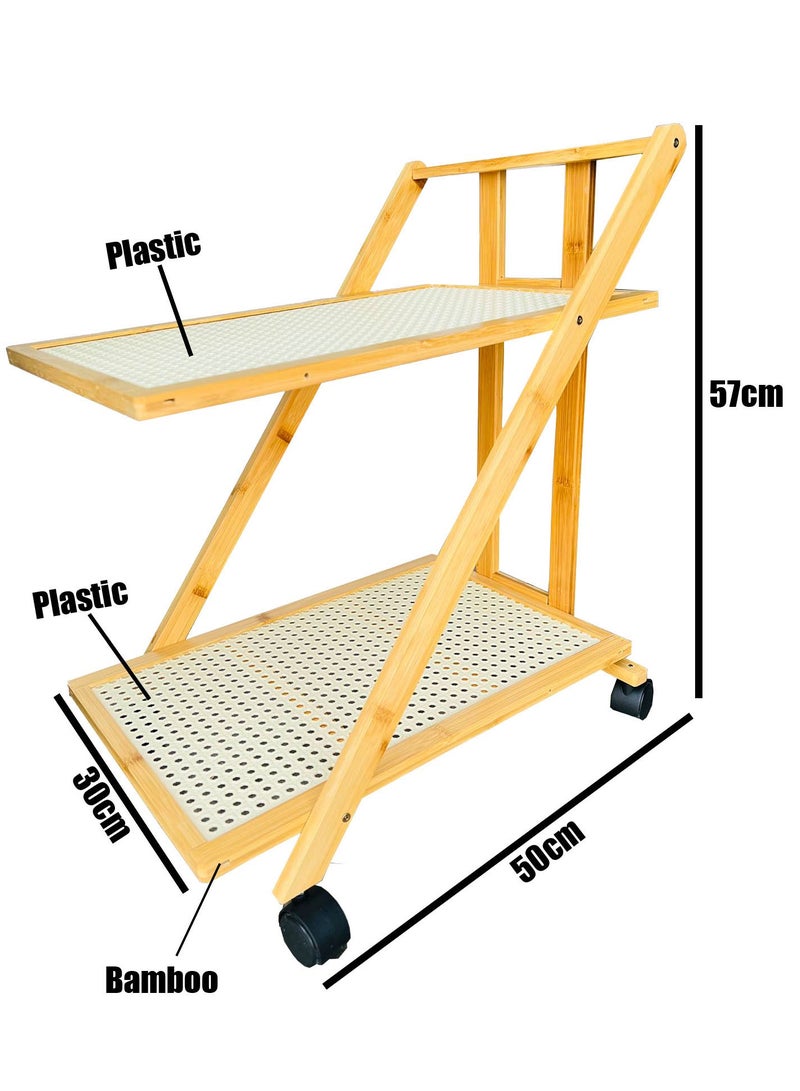 LINGWEI Bamboo Serving Cart 2 Tier Kitchen Trolley Foldable Wooden Food & Beverage Organizer with Lockable Wheels for Home Hotel and Restaurant Use - Image 4