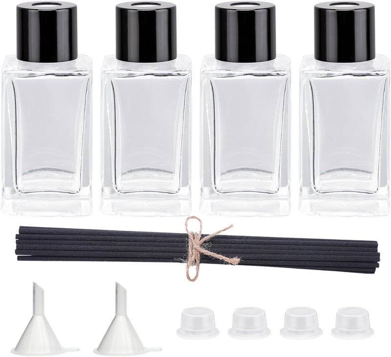 Agidea 4PCS Empty Glass Fragrance Reed Diffuser Bottles, Refillable Diffuser Bottles with 20pcs Reeds Sticks & Black Caps & Funnel, Diffuser Jars for Home Oil Fragrance Decoration (50ML) - Image 1