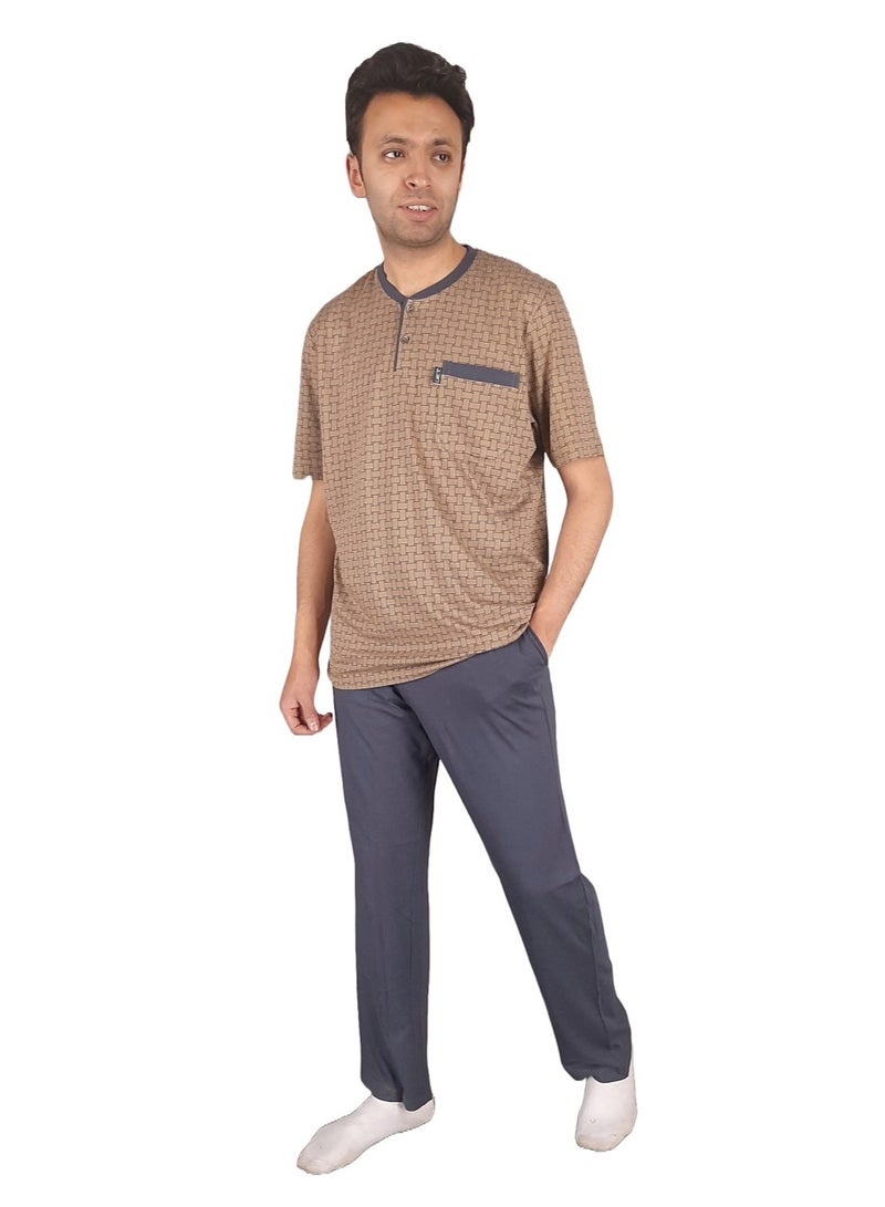 Jet Men Summer Pajama Set Printed Top & Plain Bottom - Brown - Image 1