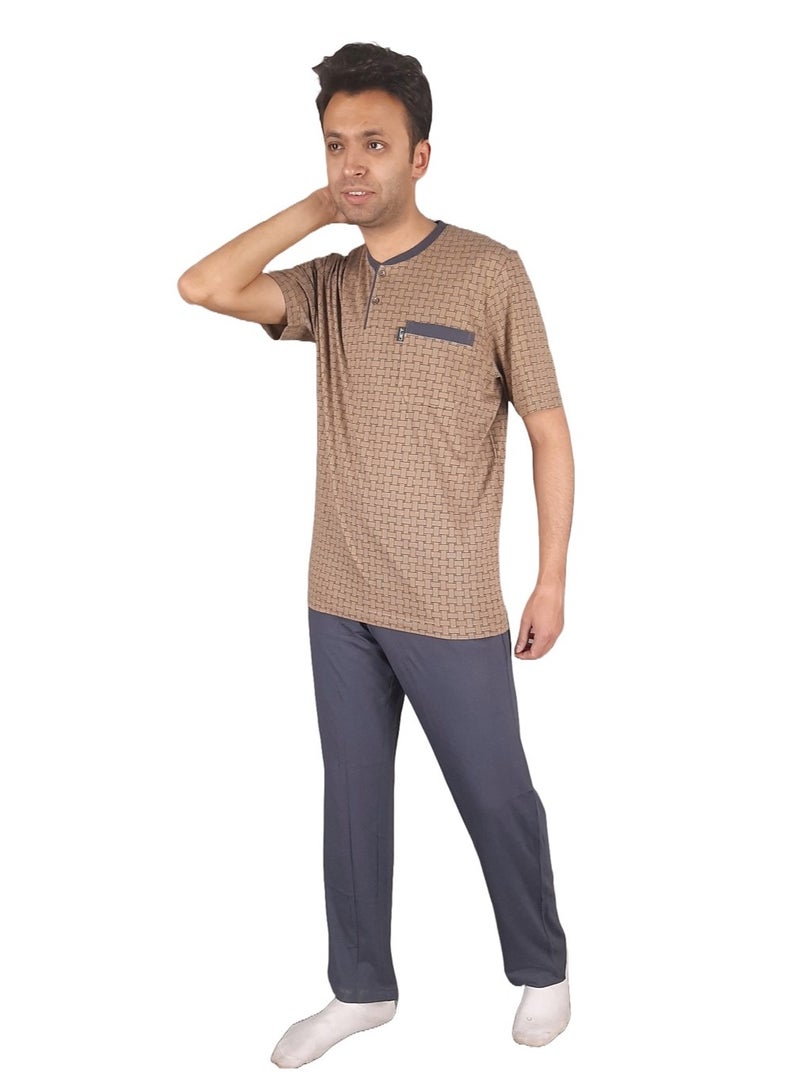 Jet Men Summer Pajama Set Printed Top & Plain Bottom - Brown - Image 2