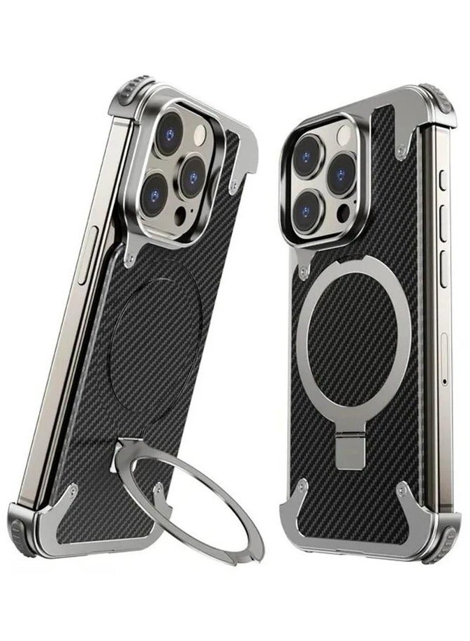 Oatsbasf Luxury New Design Carbon Fiber Case with Phone Ring Grip Frameless for iPhone 15 Pro Max Silver - Image 1