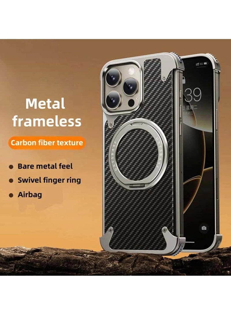 Oatsbasf Luxury New Design Carbon Fiber Case with Phone Ring Grip Frameless for iPhone 15 Pro Max Silver - Image 2