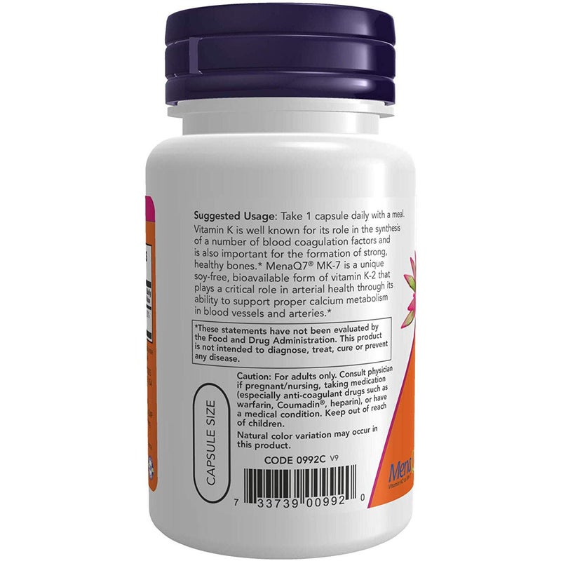 Now Foods MK-7 Vitamin K-2 100mcg Vegetable Capsules 60's - Image 2