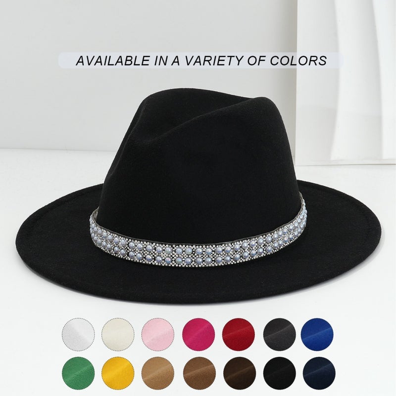 Men'S And Women'S French Felt Topper Hat Wide Accessories Blue Pearl Gem Rhinestone Belt Retro Jazz Hat Bridesmaid Wedding - Image 2