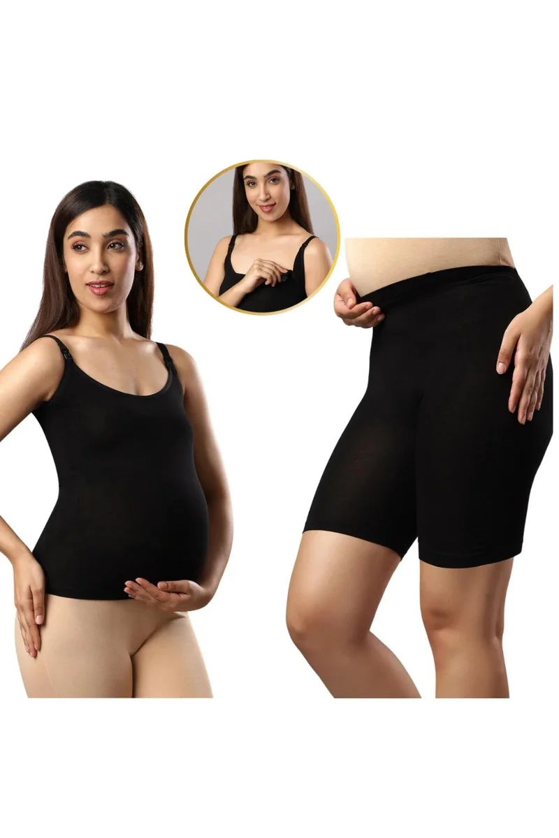تامي طقم تامي (Tummy) مكون من سترة رضاعة وشورت حمل بخصر عالي - أسود وبيج