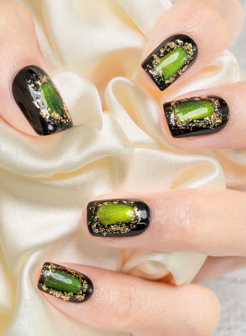 Nailosophy 10 Pcs Handmade Gel Press On Nails Short Square Black Green Cat Eye Gold Glitter Reusable False Nails Nail Kit for Women Party Wedding Eid Special Occasions - Image 1