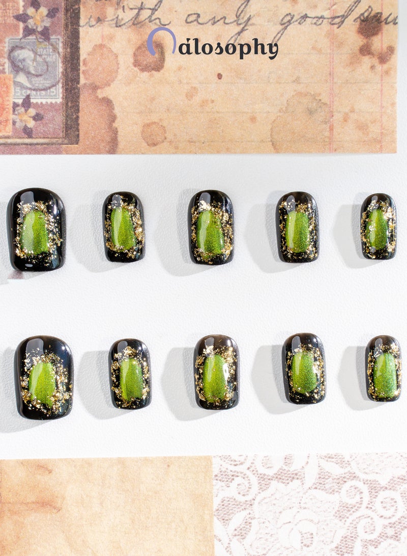 Nailosophy 10 Pcs Handmade Gel Press On Nails Short Square Black Green Cat Eye Gold Glitter Reusable False Nails Nail Kit for Women Party Wedding Eid Special Occasions - Image 2