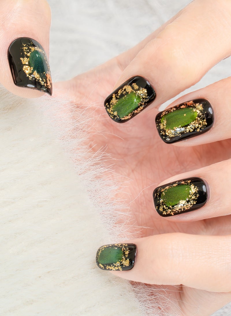 Nailosophy 10 Pcs Handmade Gel Press On Nails Short Square Black Green Cat Eye Gold Glitter Reusable False Nails Nail Kit for Women Party Wedding Eid Special Occasions - Image 3