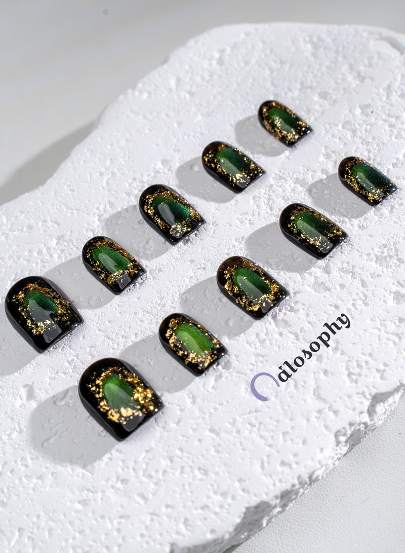 Nailosophy 10 Pcs Handmade Gel Press On Nails Short Square Black Green Cat Eye Gold Glitter Reusable False Nails Nail Kit for Women Party Wedding Eid Special Occasions - Image 4