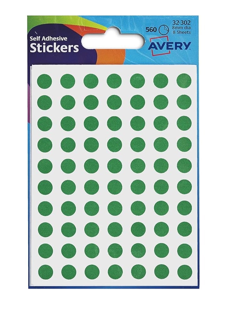 Avery 32-302 Packets of Dot Stickers (8 mm Dia, 560 Stickers) - Green - Image 1