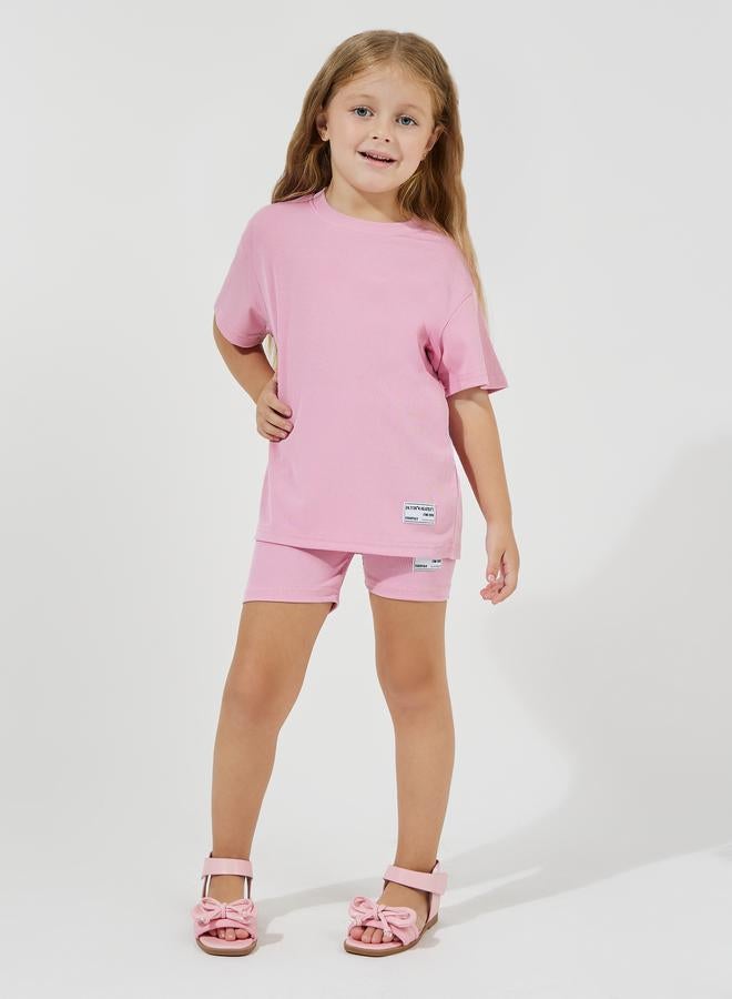 Styli Patch Detail Rib Oversized T-Shirt & Shorts Set  - Image 1