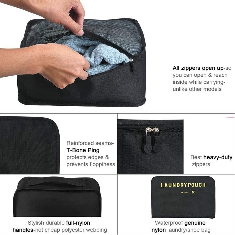 None/Brand None Brand 6 pieces/set travel storage bag-with laundry bags & digital pouch for clothes luggage packing cube organiser suitcase (Black) - Image 2