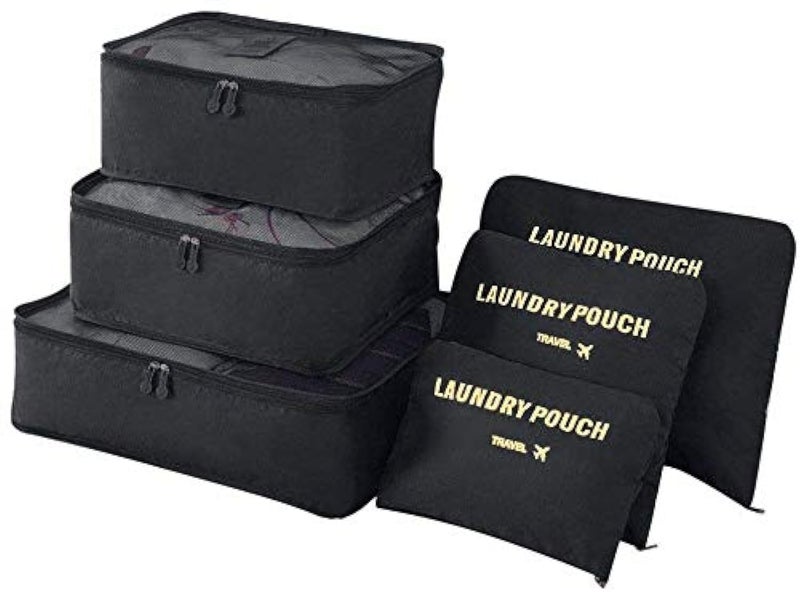 None/Brand None Brand 6 pieces/set travel storage bag-with laundry bags & digital pouch for clothes luggage packing cube organiser suitcase (Black) - Image 1
