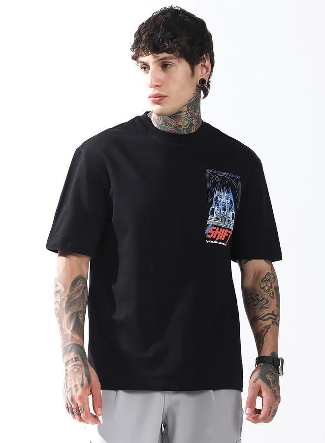 HIGH STAR Moto Racer Graphic Printed Round Neck Short Sleeves Relaxed Fit Cotton T-shirt