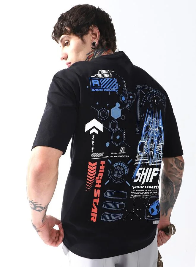 HIGH STAR Moto Racer Graphic Printed Round Neck Short Sleeves Relaxed Fit Cotton T-shirt