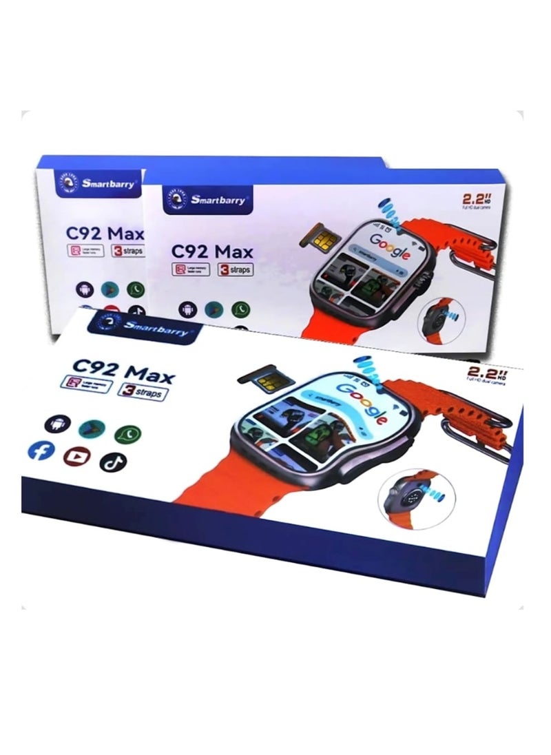 Smart Berry - C92 max Smart Watch 4G Network Android Smart Watch with 3 Pairs Straps 64GB Memory Support SIM Card and Google Play Support  All Apps as a Mobile Phone in Your Hand with 2 Camera for Taking Pictures - Image 1