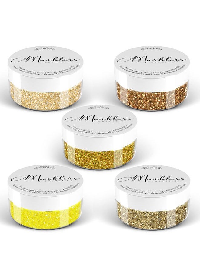 MARBLERS Cosmetic Grade Fine Glitter 5-Pack [Gold Feeling] 0.90oz (25g) | Non-Toxic | Vegan | Cruelty-Free | Eyeshadow, Nail Polish, Nail Art | Festival, Rave & Party Makeup | Body & Face  - Image 1