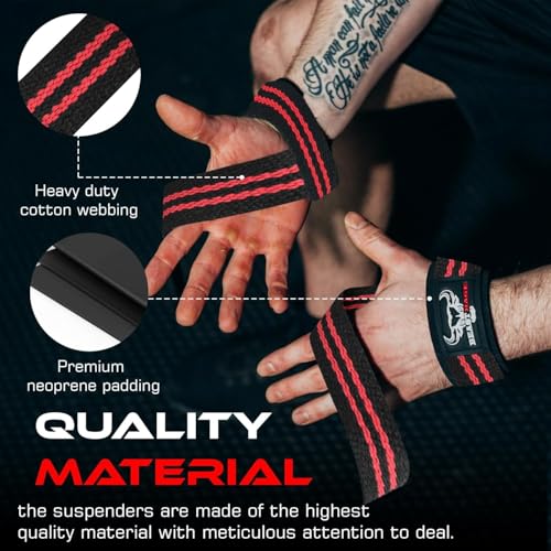 BEAST RAGE Lifting Wrist Straps for Weightlifting, Straps Gym Grip Power Workouts Lifting Straps Padded Neoprene & Premium Cotton Men Women, Deadlift Bodybuilding Exercise Lifting Straps (Black/Red) - Image 2