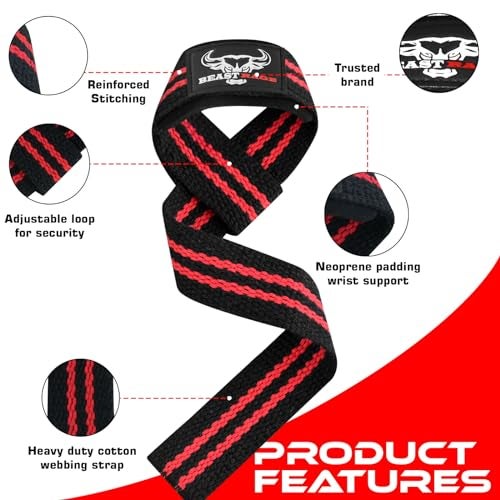 BEAST RAGE Lifting Wrist Straps for Weightlifting, Straps Gym Grip Power Workouts Lifting Straps Padded Neoprene & Premium Cotton Men Women, Deadlift Bodybuilding Exercise Lifting Straps (Black/Red) - Image 3