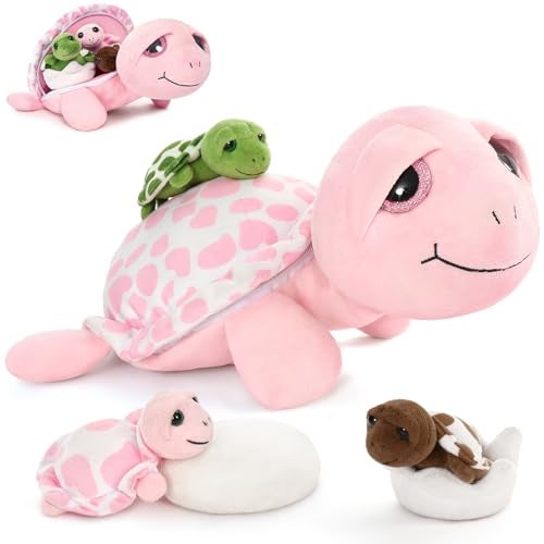 MorisMos Sea Turtle Stuffed Animal with Babies14 in Mommy Turtle with 3 Baby Turtles Toys 2 Plush Eggs inside Belly PouchBigEyed Stuffed Animal for Toddlers KidsPink Tortoise Gifts for Girls Boys - Image 1