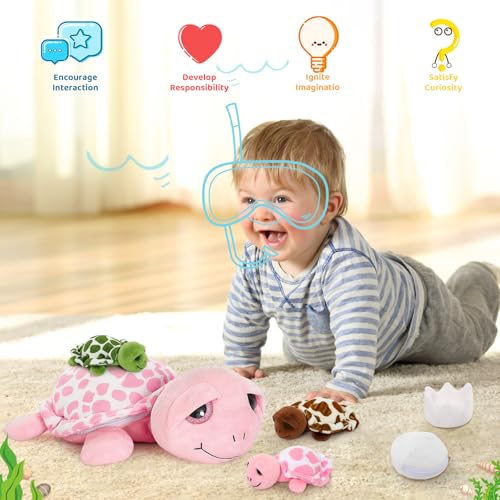 MorisMos Sea Turtle Stuffed Animal with Babies14 in Mommy Turtle with 3 Baby Turtles Toys 2 Plush Eggs inside Belly PouchBigEyed Stuffed Animal for Toddlers KidsPink Tortoise Gifts for Girls Boys - Image 5