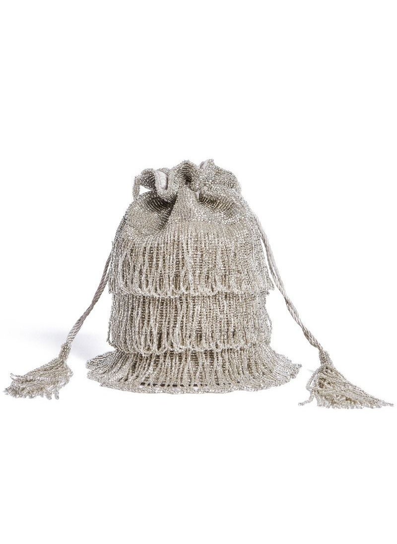 GATSBYLADY LONDON - Hand Embellished Vintage Inspired Tassel Bucket Pouch Clutch Purse Bag Silver Wedding Bridal Bridesmaids 1920s Great Gatsby Flapper Art Deco - Image 1