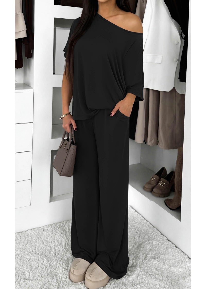 KIRUNDO Lounge Sets for Women Airport Travel Outfit 2026 Summer Off the Shoulder Tops Wide Leg Pants 2 Piece Matching Set(Black, Medium) - Image 4