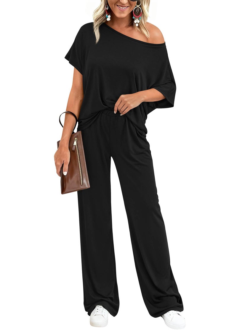 KIRUNDO Lounge Sets for Women Airport Travel Outfit 2026 Summer Off the Shoulder Tops Wide Leg Pants 2 Piece Matching Set(Black, Medium) - Image 1
