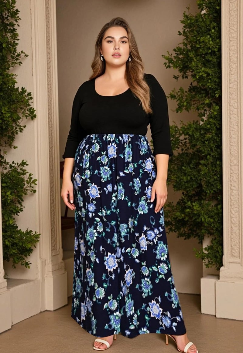 Nemidor Plus Size Maxi Dresses for Curvy Women Casual Long Sleeve Chevron Print Long Dress with Pocket 14-26(155,26,NavyPrint+Sleeve) - Image 4