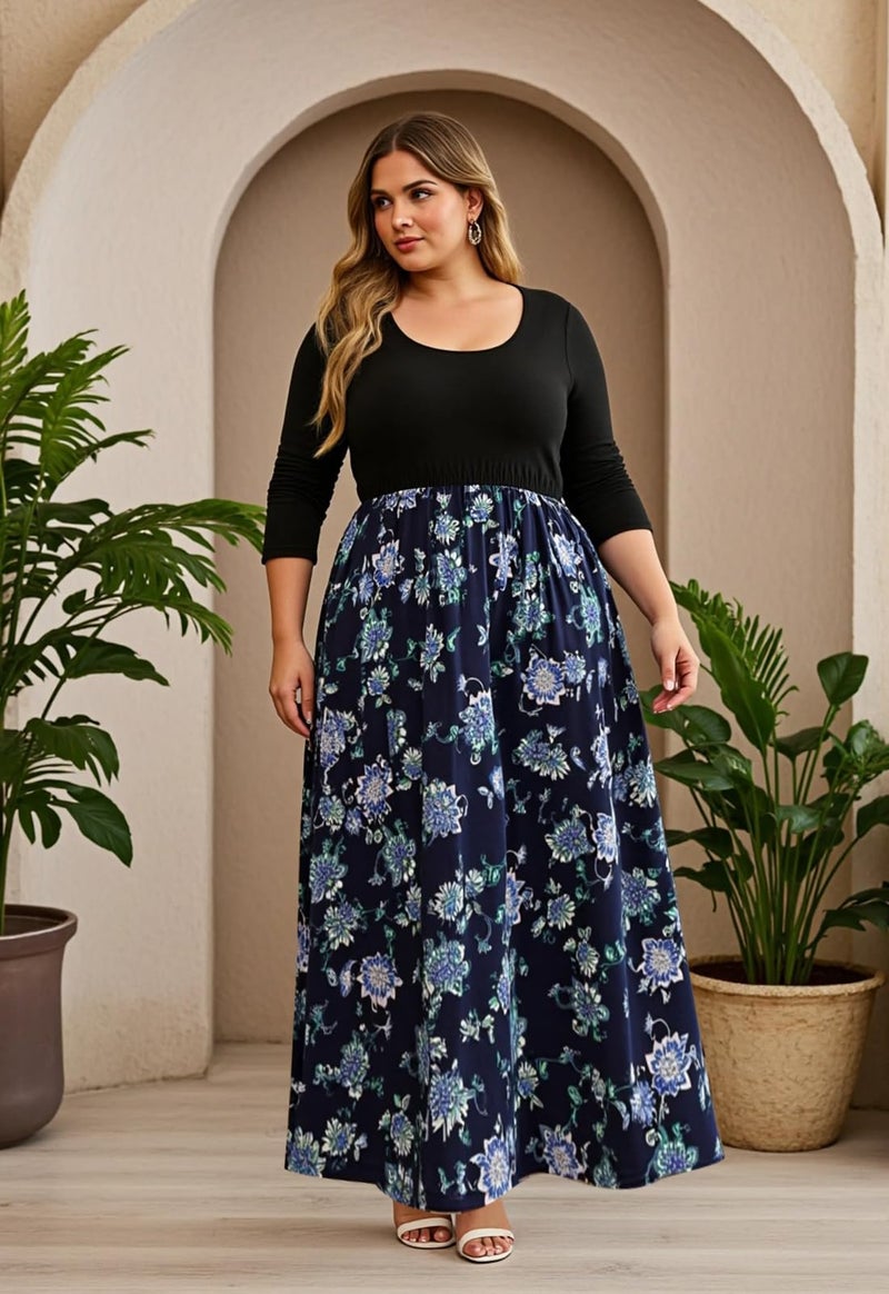 Nemidor Plus Size Maxi Dresses for Curvy Women Casual Long Sleeve Chevron Print Long Dress with Pocket 14-26(155,26,NavyPrint+Sleeve) - Image 5
