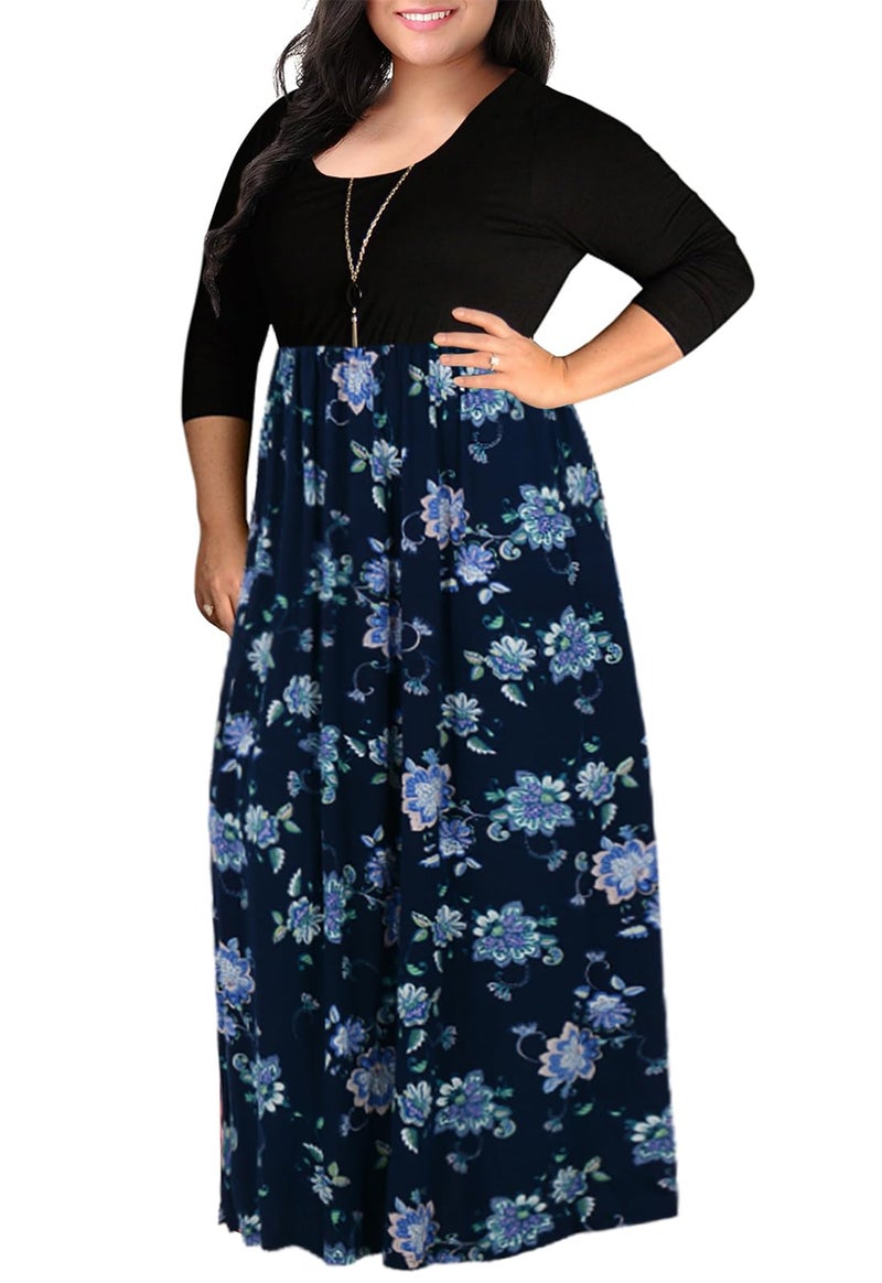 Nemidor Plus Size Maxi Dresses for Curvy Women Casual Long Sleeve Chevron Print Long Dress with Pocket 14-26(155,26,NavyPrint+Sleeve) - Image 1
