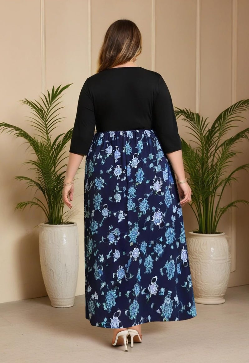 Nemidor Plus Size Maxi Dresses for Curvy Women Casual Long Sleeve Chevron Print Long Dress with Pocket 14-26(155,26,NavyPrint+Sleeve) - Image 3