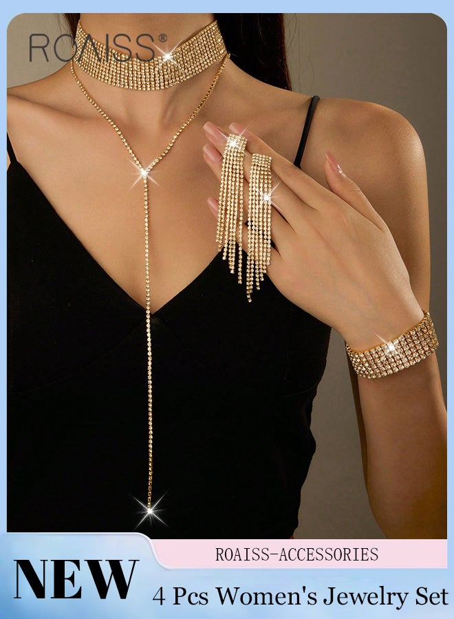 رويس مجموعة مجوهرات من 4 قطع مرصعة بأحجار الراين للنساء، قلادة ذهبية متعددة الطبقات على شكل حرف Y طويلة مزينة بشراشيب وأقراط بسلسلة من الشرابة وسوار عريض لامع، إكسسوار رائع للحفلات وحفلات الزفاف، مثالي كهدايا للعطلات - Image 1