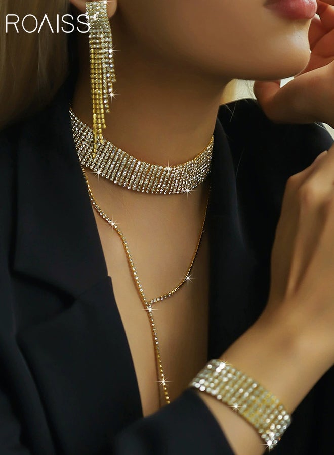 رويس مجموعة مجوهرات من 4 قطع مرصعة بأحجار الراين للنساء، قلادة ذهبية متعددة الطبقات على شكل حرف Y طويلة مزينة بشراشيب وأقراط بسلسلة من الشرابة وسوار عريض لامع، إكسسوار رائع للحفلات وحفلات الزفاف، مثالي كهدايا للعطلات - Image 3