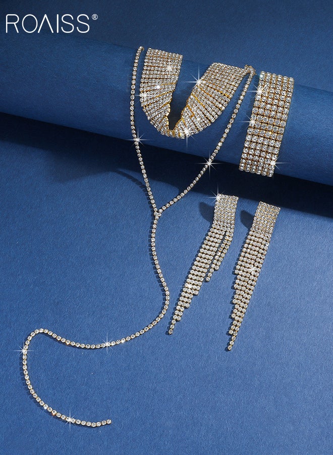 رويس مجموعة مجوهرات من 4 قطع مرصعة بأحجار الراين للنساء، قلادة ذهبية متعددة الطبقات على شكل حرف Y طويلة مزينة بشراشيب وأقراط بسلسلة من الشرابة وسوار عريض لامع، إكسسوار رائع للحفلات وحفلات الزفاف، مثالي كهدايا للعطلات - Image 4